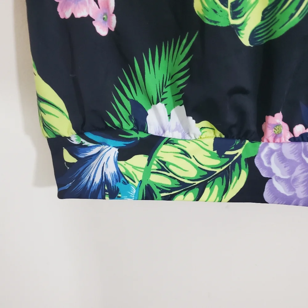 NWT Cacique Two Piece Swimsuit Blouson Tee Bikini Bottom Black Floral Size 18